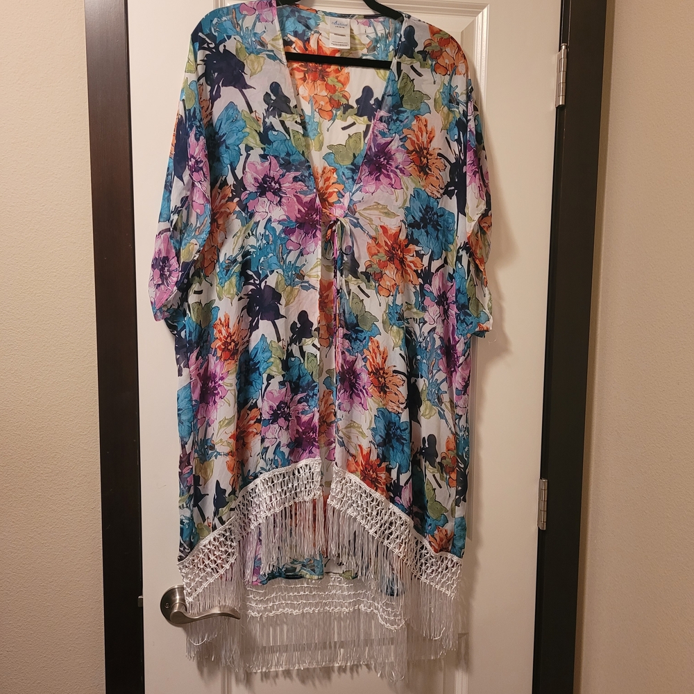 Catalina Women's Size L Fringed Floral Sheer Swim Cover Up Kimono Tie Closure